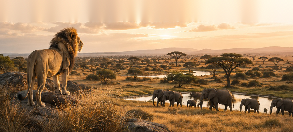 A lion overlooking elephants and the Serengeti landscape at sunset